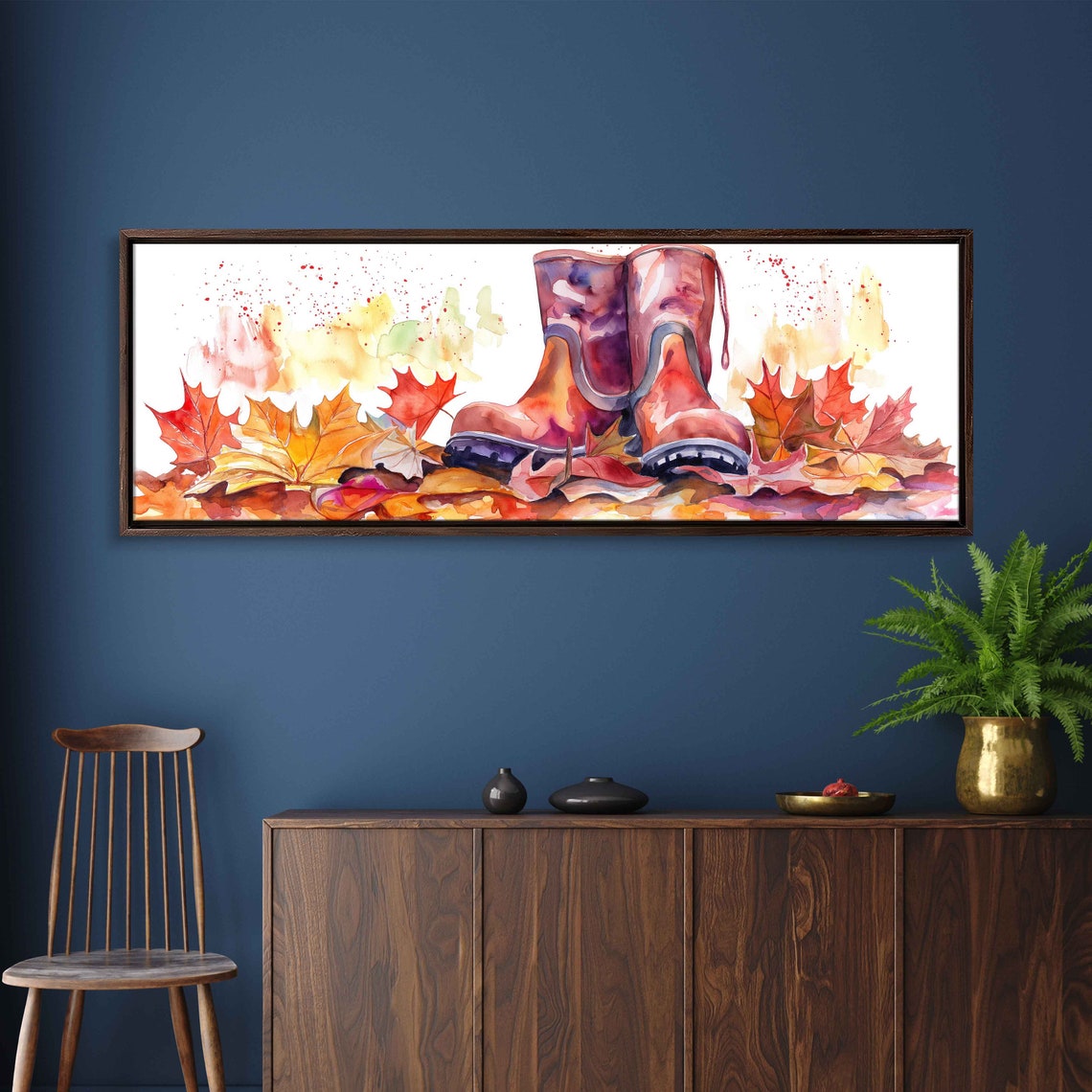 Red Rain Boots Standing On Colorful Fall Leaves Watercolor Poster
