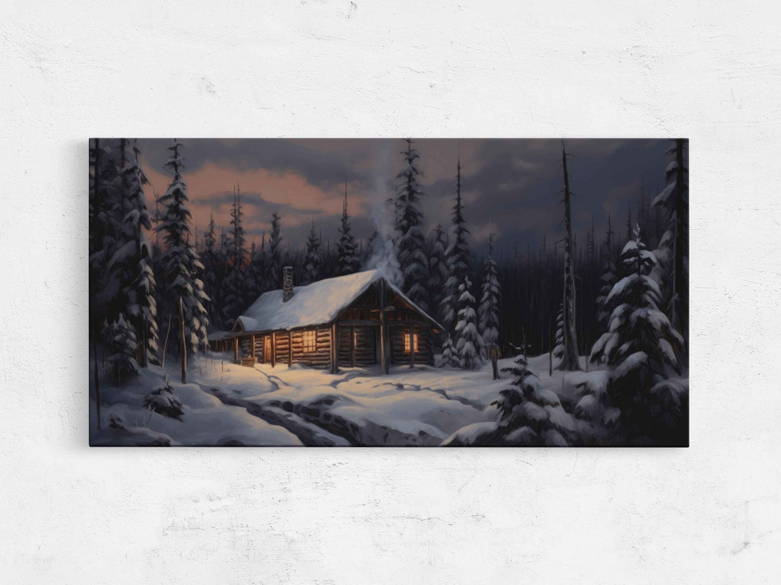 Snowy Log Cabin Glowing Windows Winter Forest Night Art Poster
