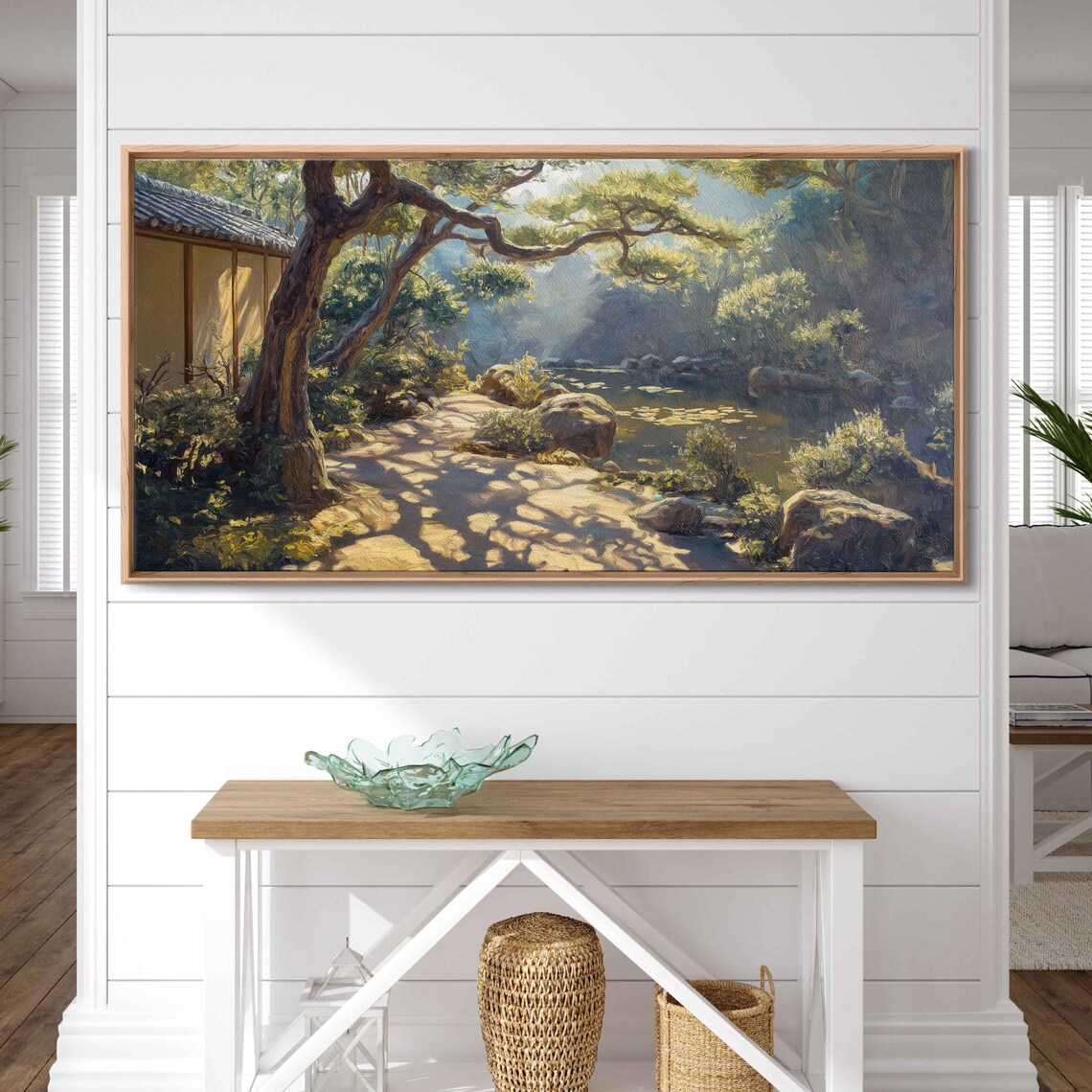 Japanese Zen Garden Sunlit Koi Pond Ancient Trees Kyoto Serene Poster