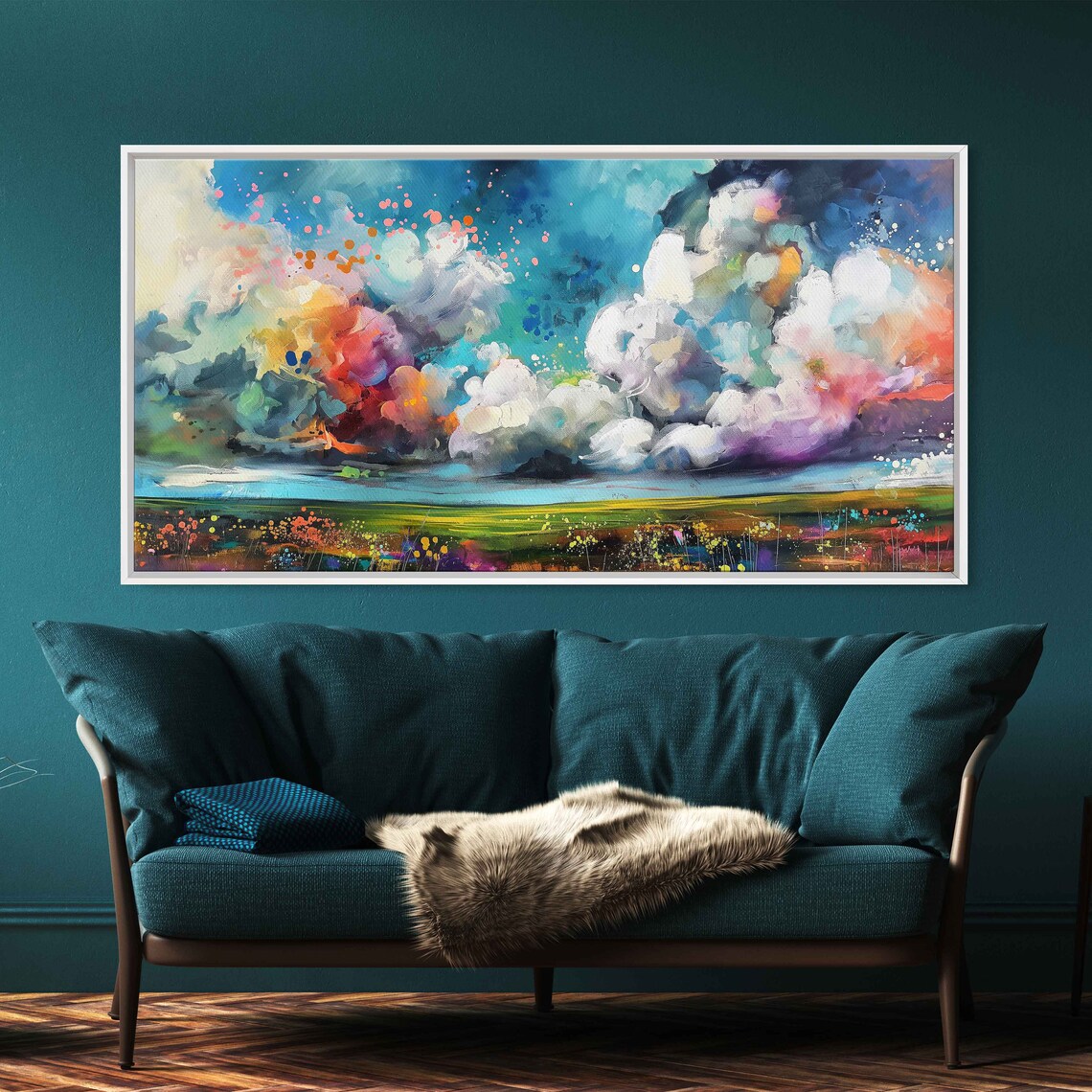 Vibrant Cloud Sky Abstract Meadow Flowers Colorful Modern Art Poster