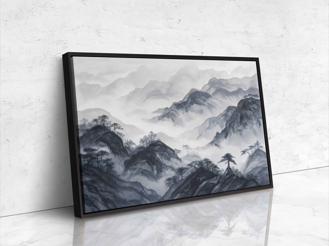 Foggy Mountain Landscape With Trees Painting Framed Print Ready To Hang - Image 4