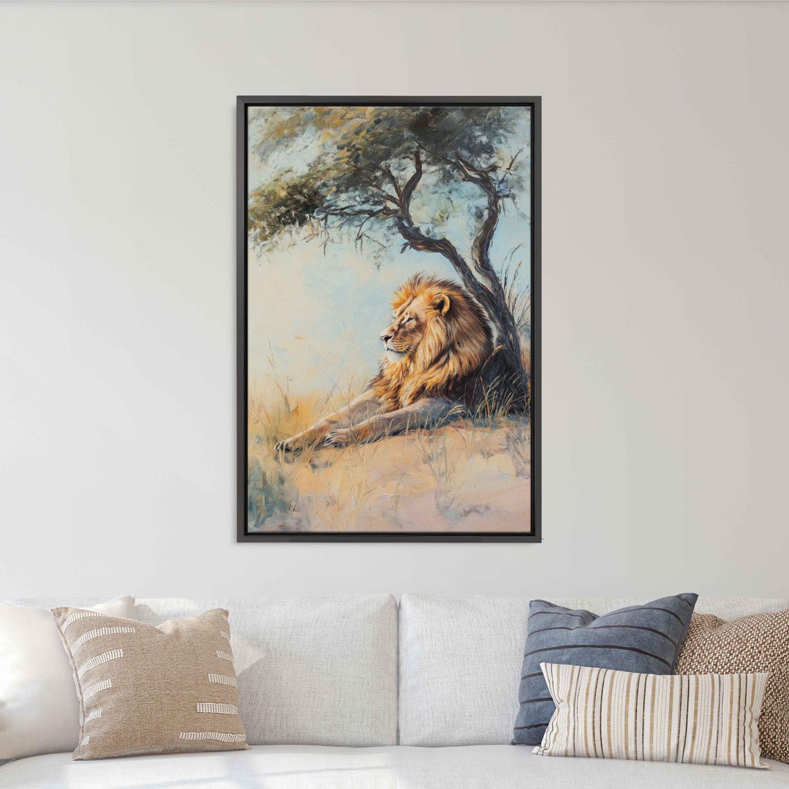 Serene Lion Resting Under Tree Pastel Tones Soft Oil Painting Poster