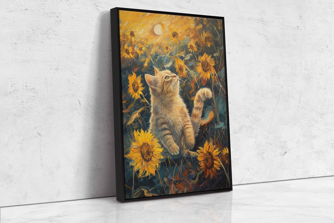 Ginger Kitten Among Sunflowers Impressionist Oil Painting Cat Lover Art Poster - Image 4