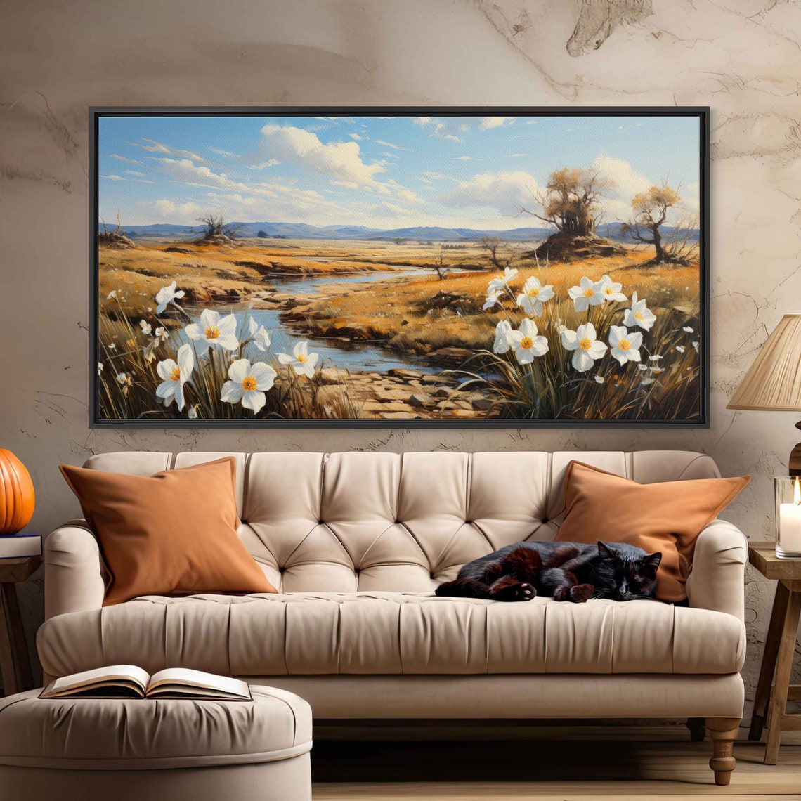 Daisies Overlooking Meadow Stream Wall Art Print Rural Landscape Gift For Nature Lover Ready To Hang - Image 2