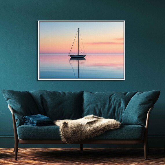 Sailboat Anchored At Pastel Sunset Mirror Sea Minimalist Poster