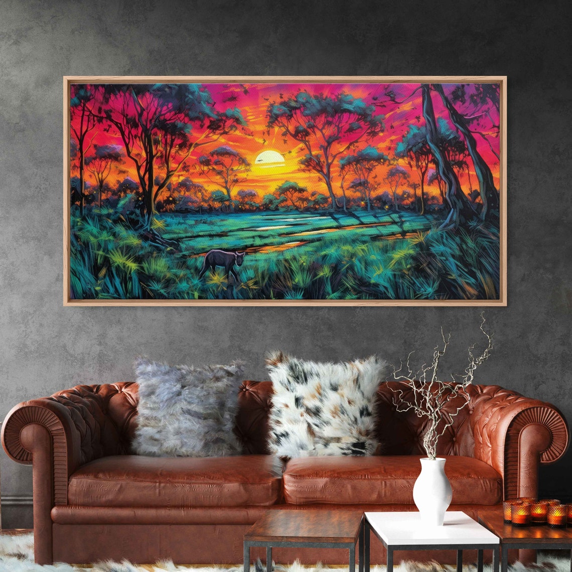 Neon African Plains Sunset Framed Print Ready To Hang - Image 2