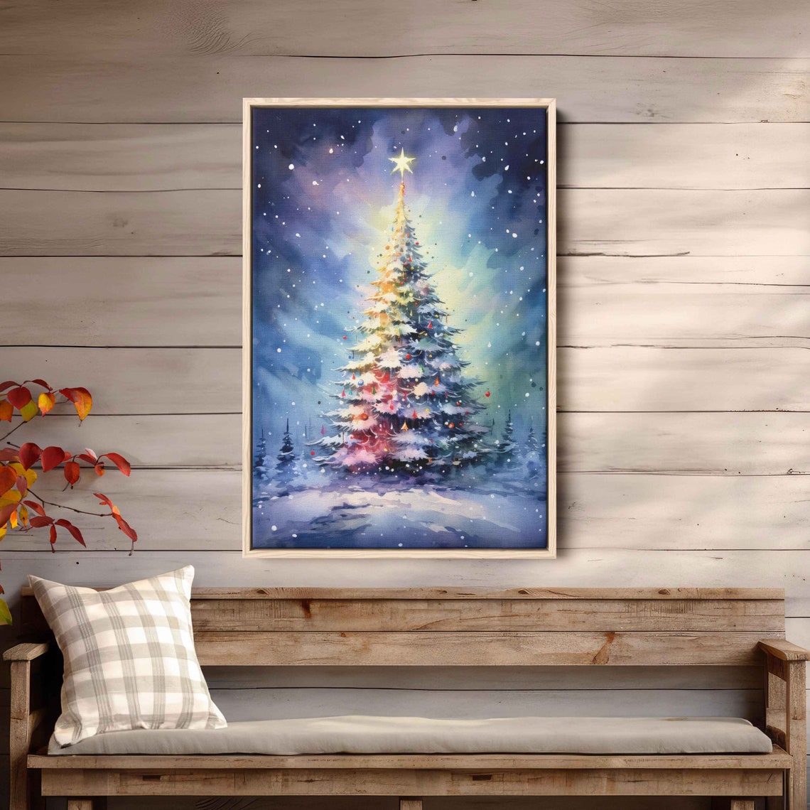 Radiant Glowing Christmas Tree Snowy Starry Night Acrylic Poster - Image 3