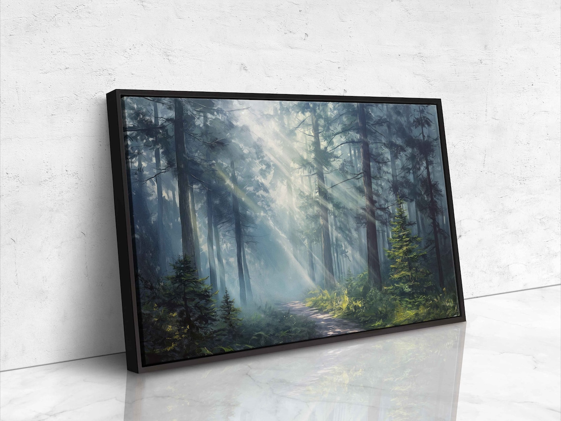 Sun Shining Through Dense Forest On Misty Morning Wall Art Print Wooded Pathway Gift For Hiker Ready To Hang - Image 4