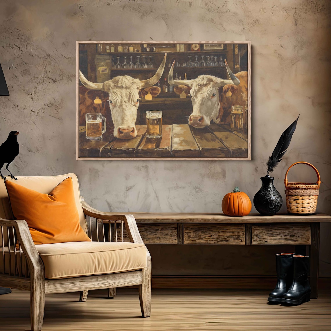 Longhorn Cows at Bar, Rustic Farmhouse Art Print - Image 2