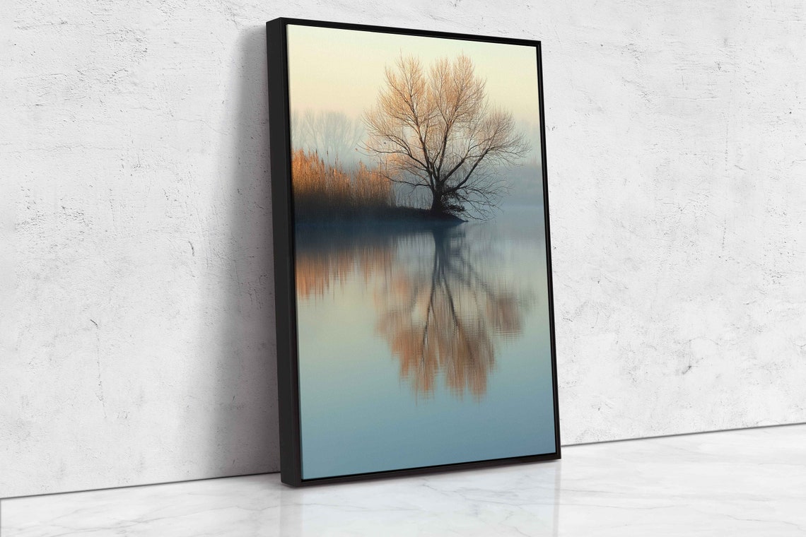 Lone Tree Reflection Calm Lakeshore Waters Morning Nature Photo Print - Image 4