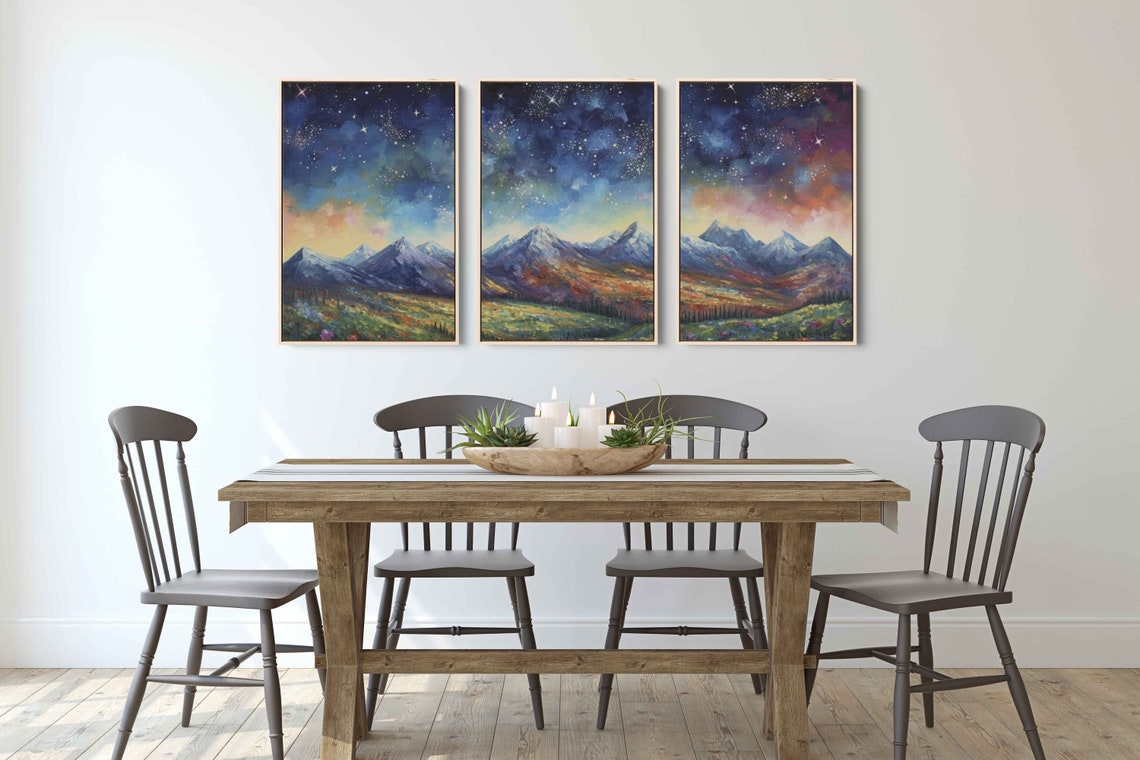Starry Night Sky Painting 3 Panel Wall Art Framed Print Ready To Hang Triptych Wall Art - Image 4