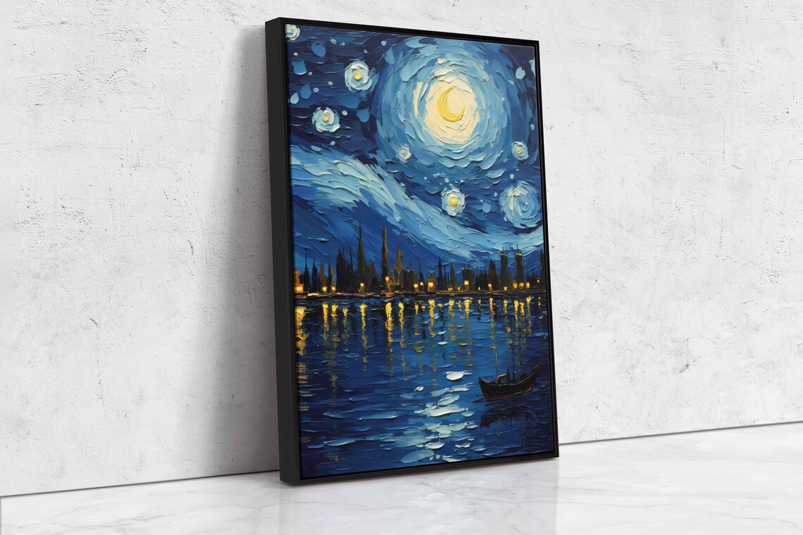 Van Gogh Starry Night Over Harbor Crescent Moon Boat Painting Art Poster - Image 4