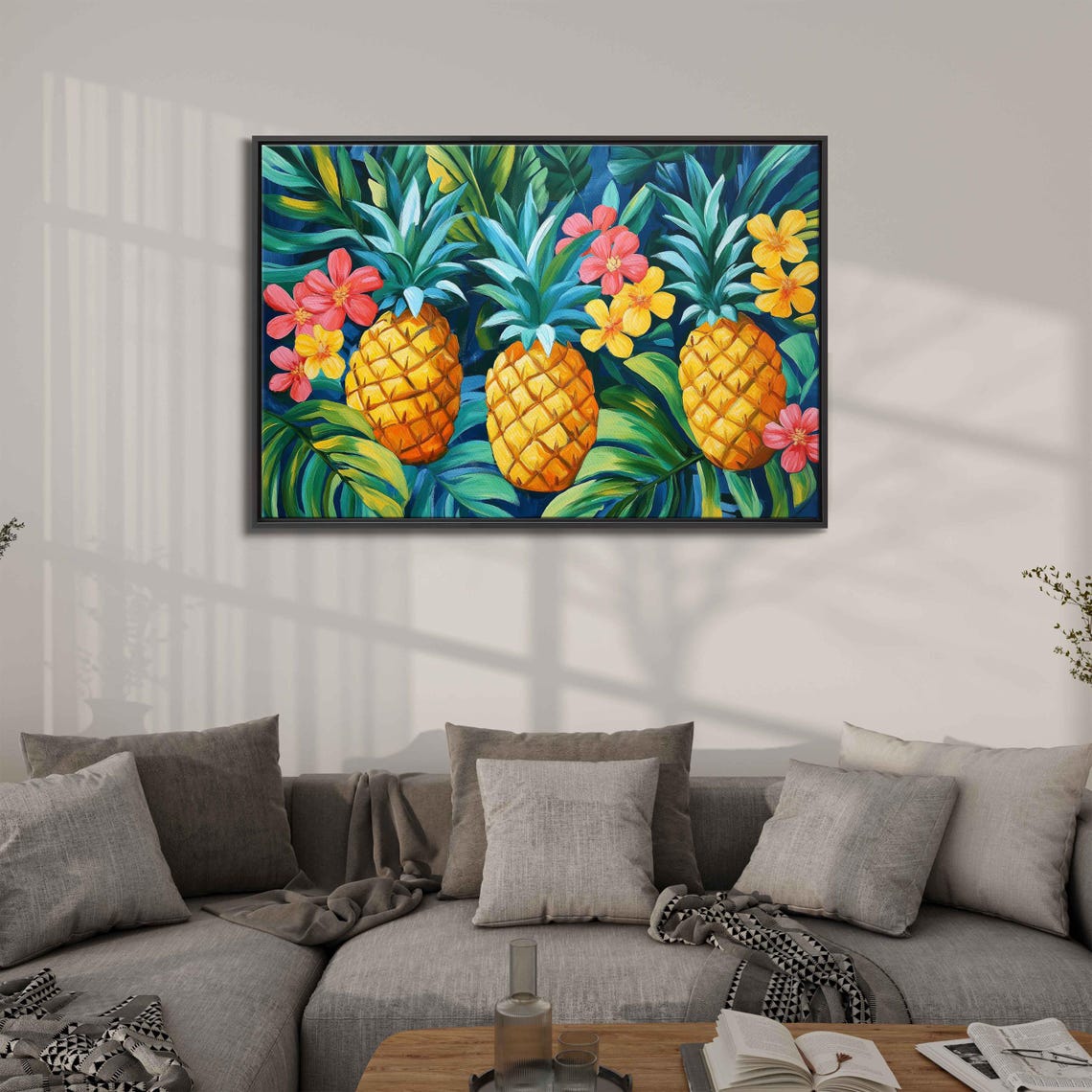 Golden Pineapples Palm Leaves Coral Flowers Tropical Art Poster - Image 3