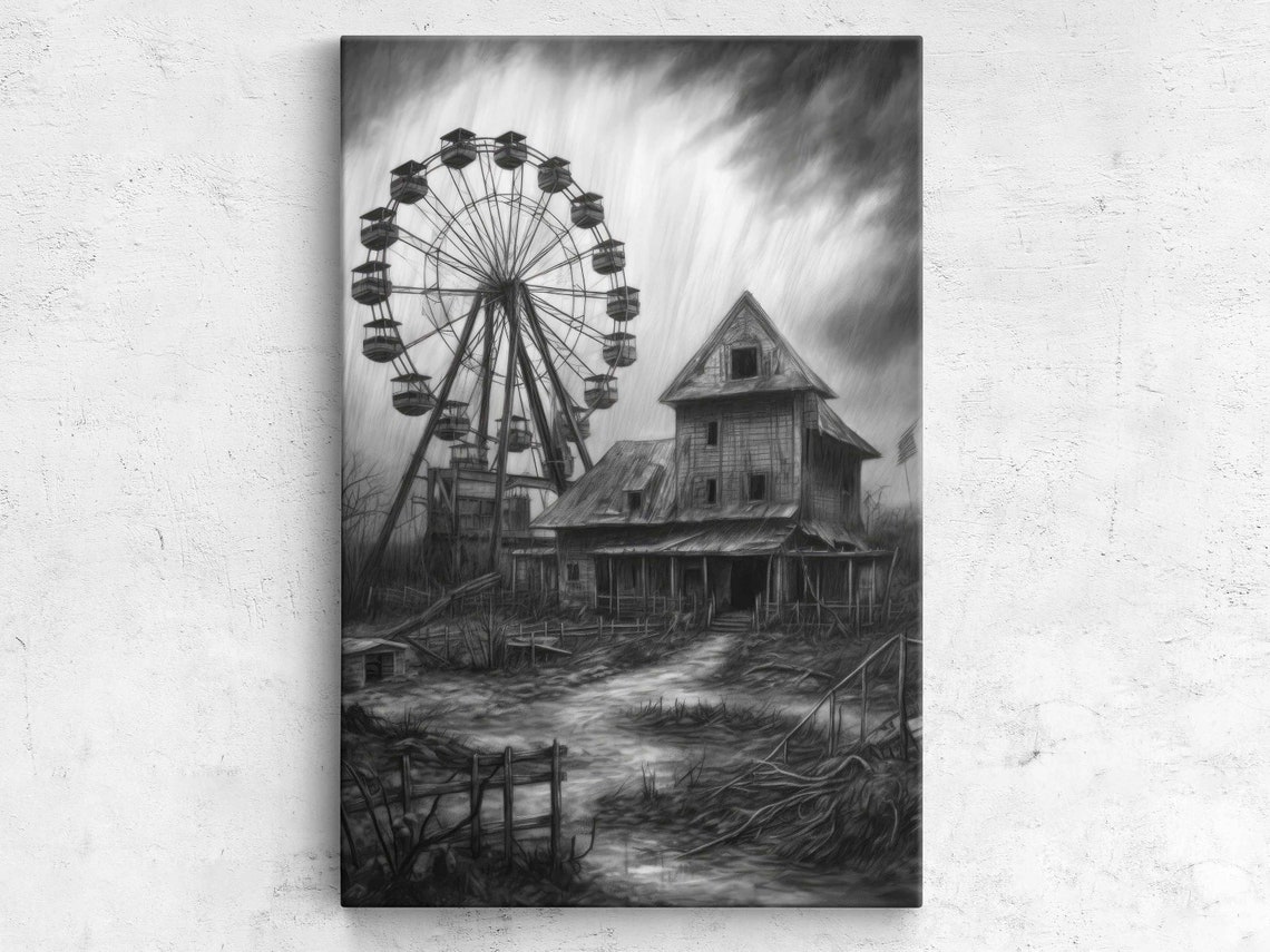 Charcoal Abandoned Ferris Wheel Wall Art Print Old Empty Farmhouse Black And White Ready To Hang
