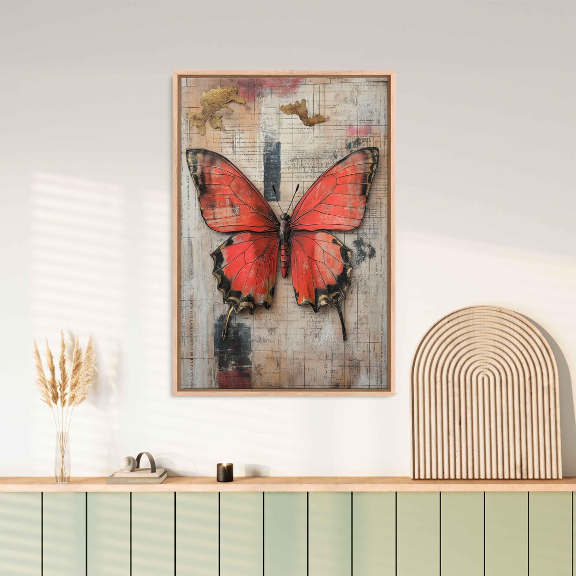 Red Butterfly Vintage Blueprint Gold Leaf Elegant Botanical Art Poster