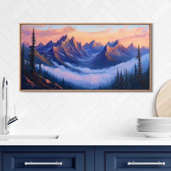 Majestic Mountain Range At Dawn Wall Art Print Soft Pink And Gold Light Adventure