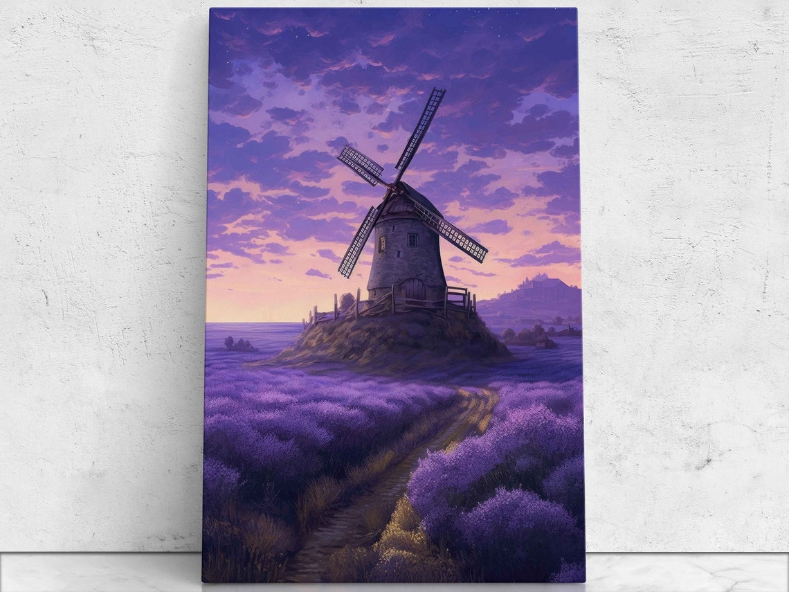 Lavender Field Windmill Twilight Impressionist Oil Painting Poster