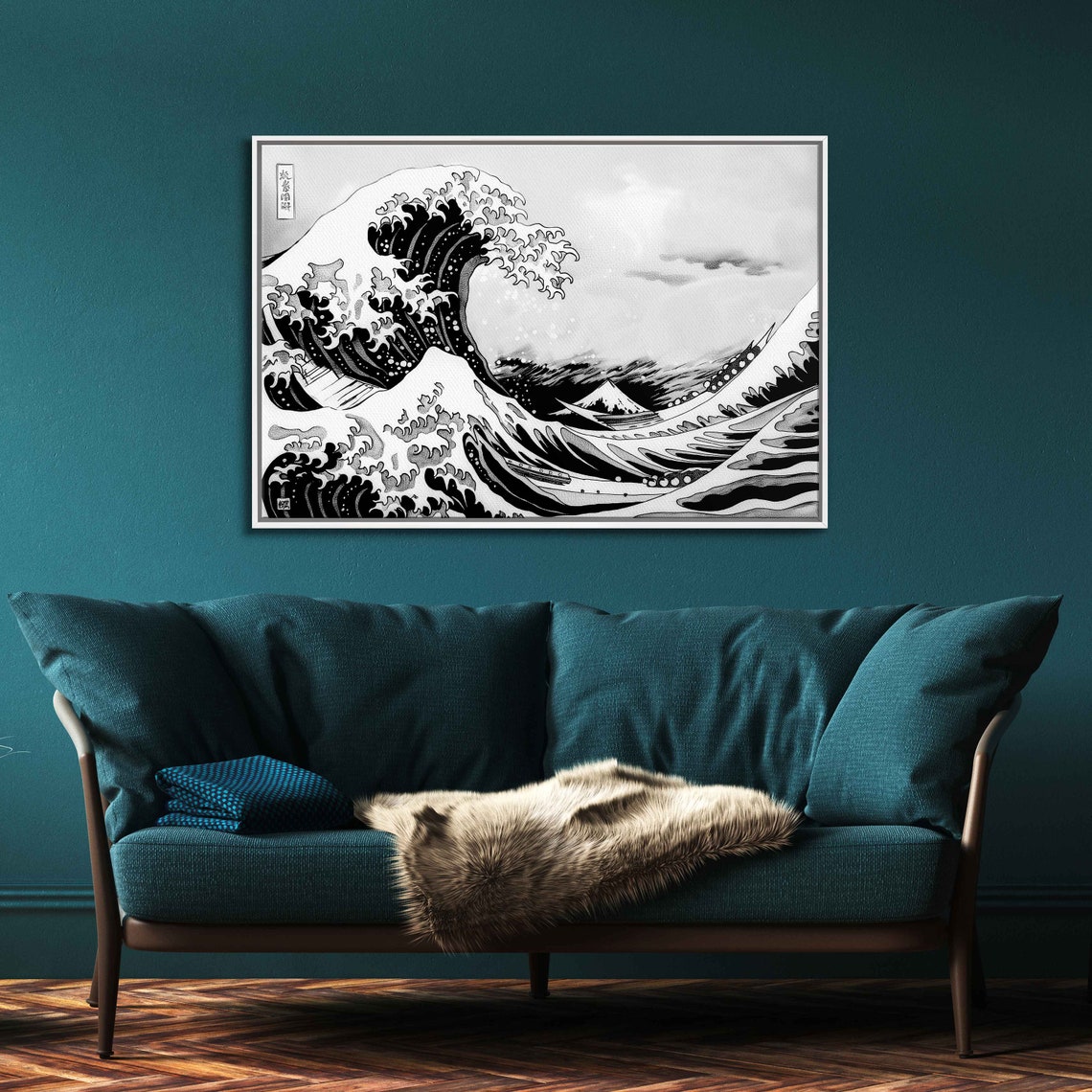 Great Wave Kanagawa Hokusai Ink Wash Style White Japanese Poster - Image 3