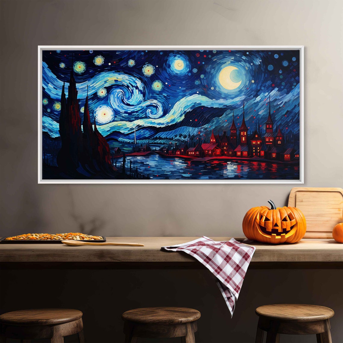 Starry Night Red Coastal Town Swirling Sky Moonlit Water Art Poster - Image 2