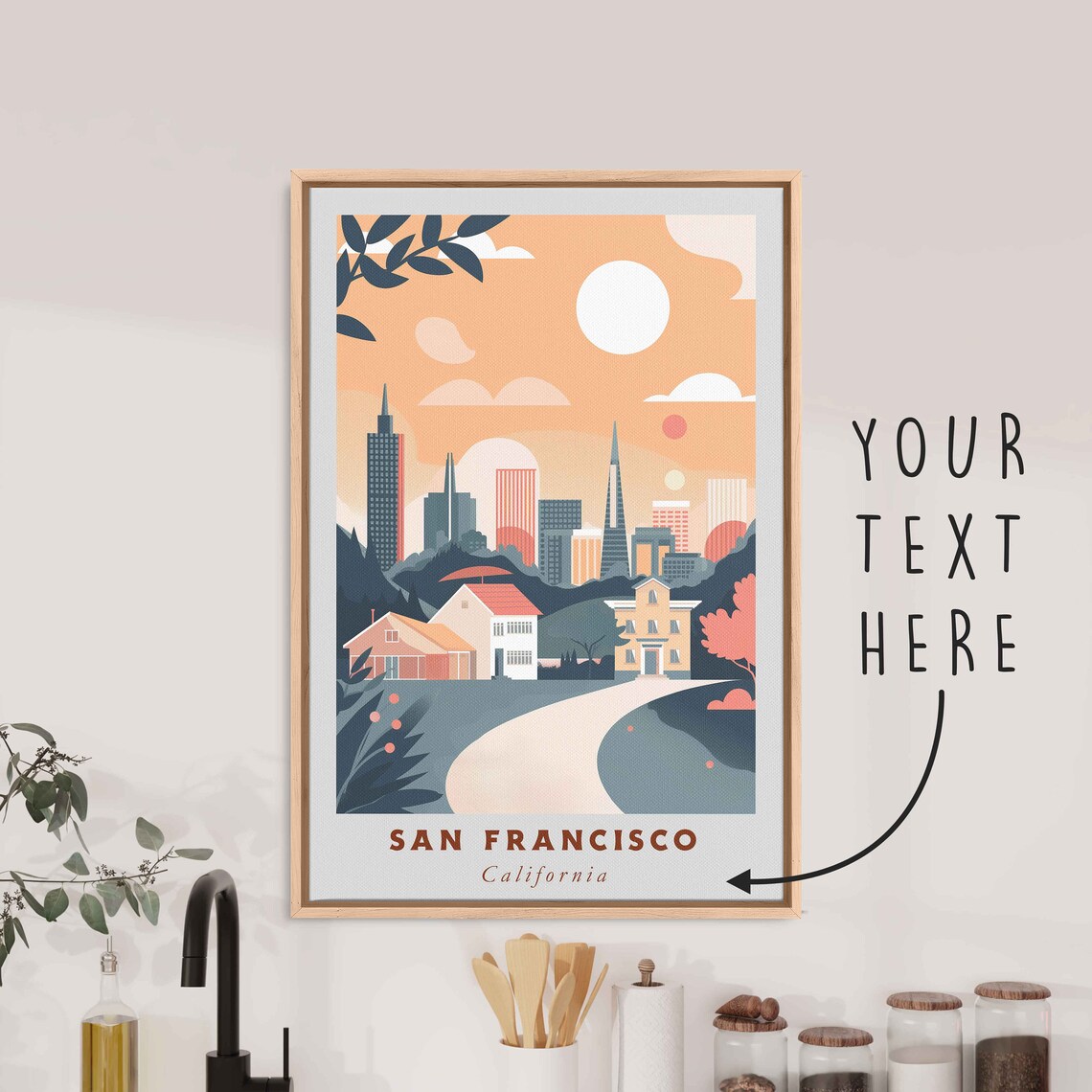 San Francisco California Sunset Skyline Hills Houses Travel Poster