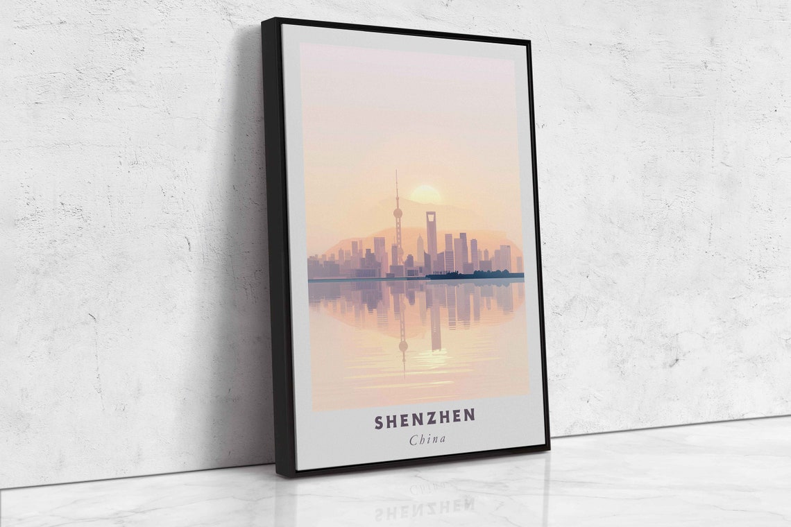 Shenzhen China Sunrise Skyline Silhouette Water Reflection Art Poster - Image 2