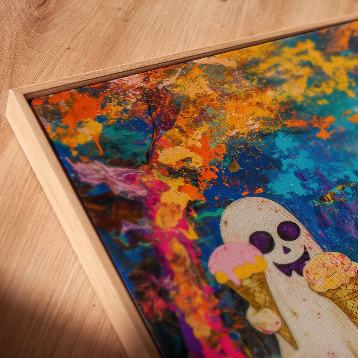 Cute Ghosts Eating Ice Cream Under Full Moon Colorful Poster - Image 2
