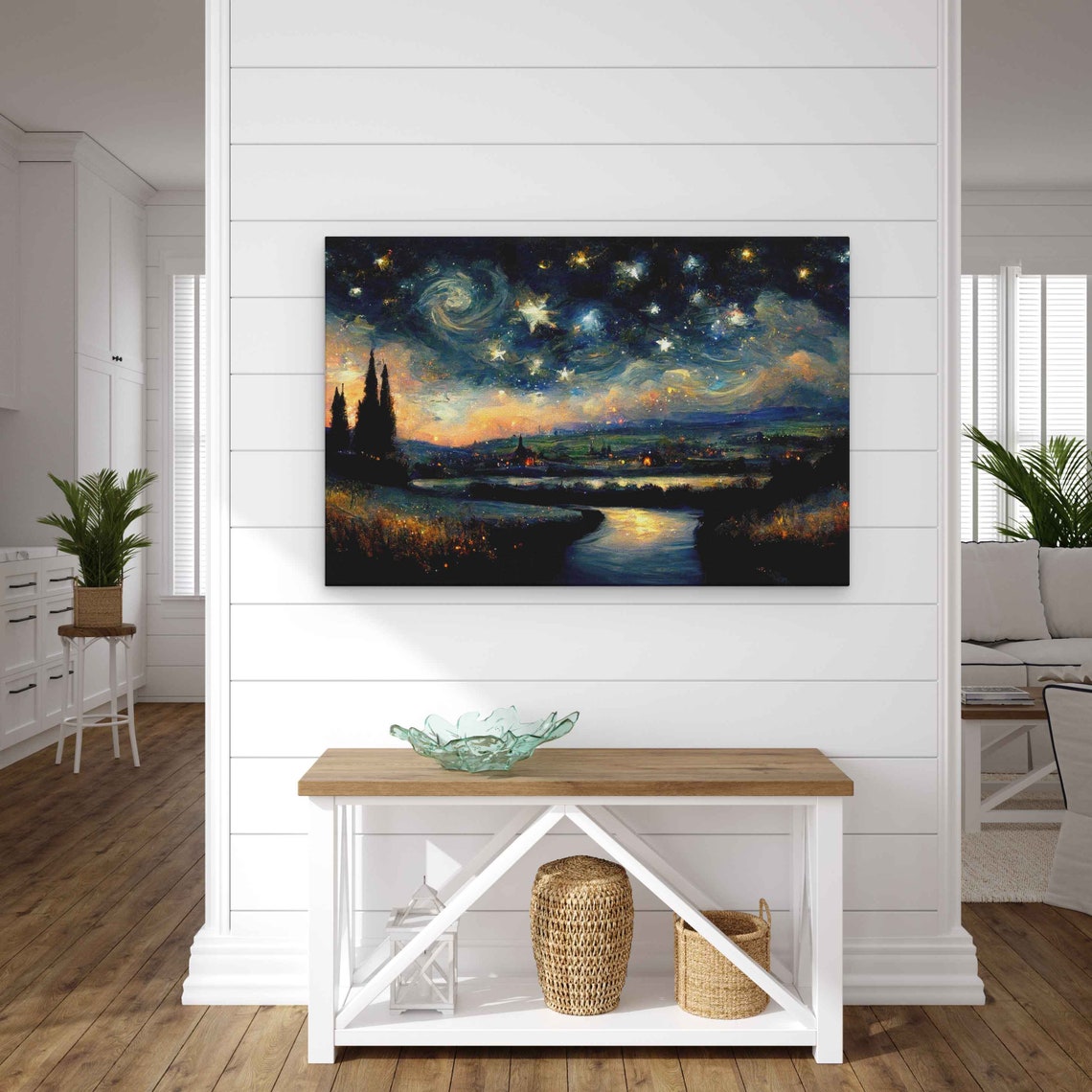Starry Night Over River Village Swirling Sky Impressionist Art Poster - Image 2