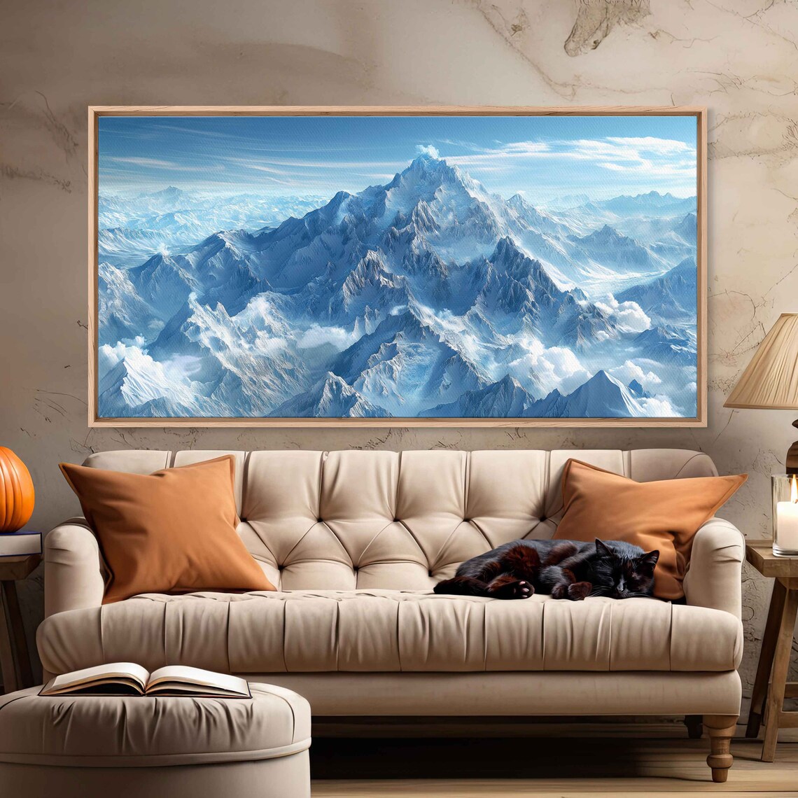 Snowy Mountain Range Fluffy Clouds Wall Art Print Ready To Hang - Image 3