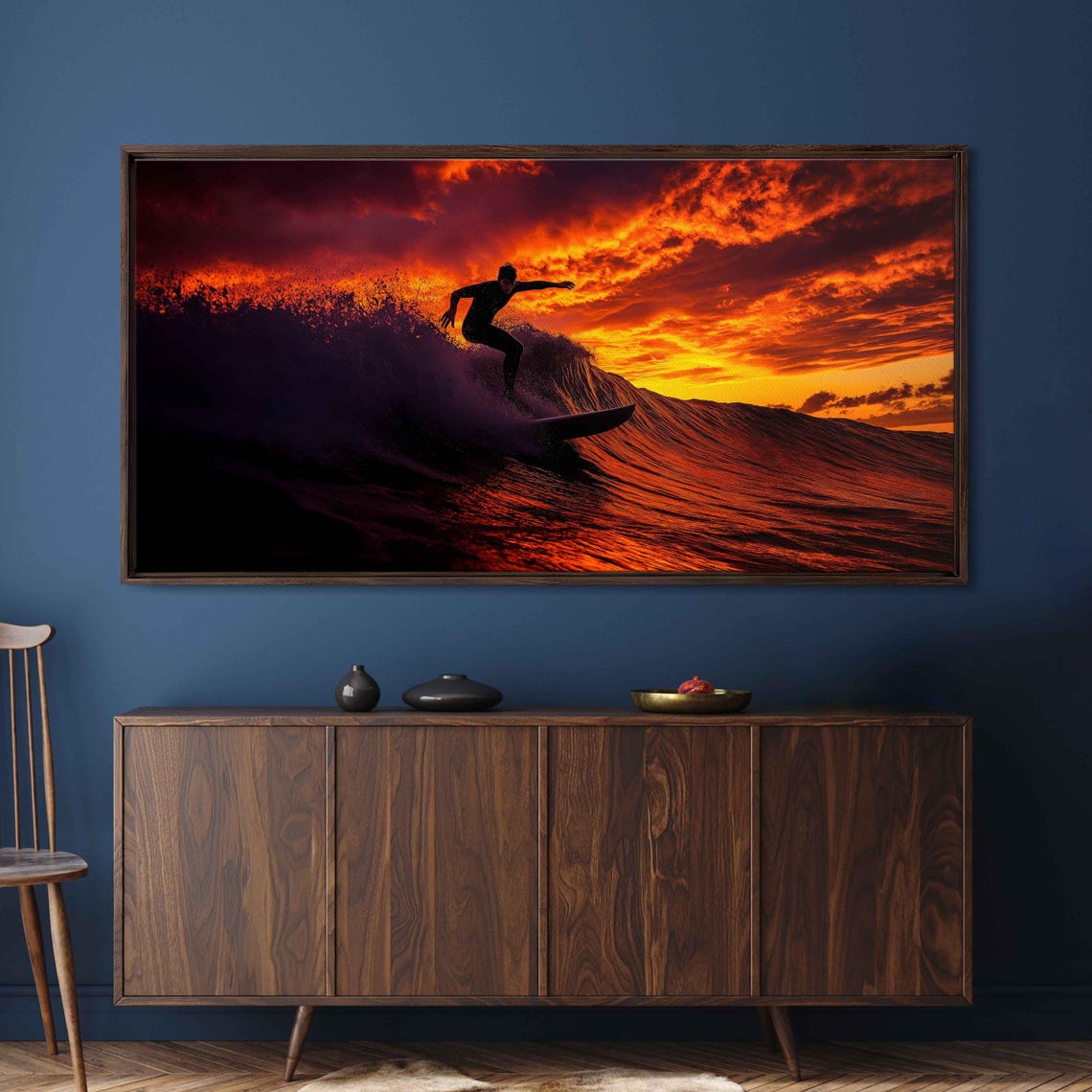 Surfer Catching Wave During Dramatic Sunset Wall Art Print Gift For Surfer Blue Water Vibrant Colors Ready To Hang