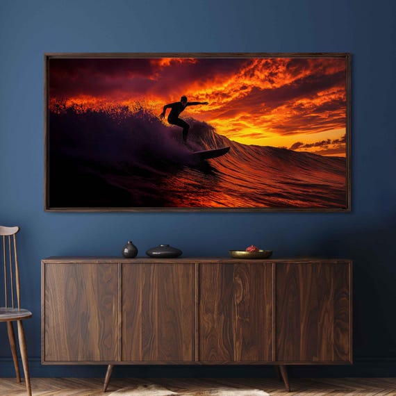 Surfer Catching Wave During Dramatic Sunset Wall Art Print Gift For Surfer Blue Water Vibrant Colors Ready To Hang