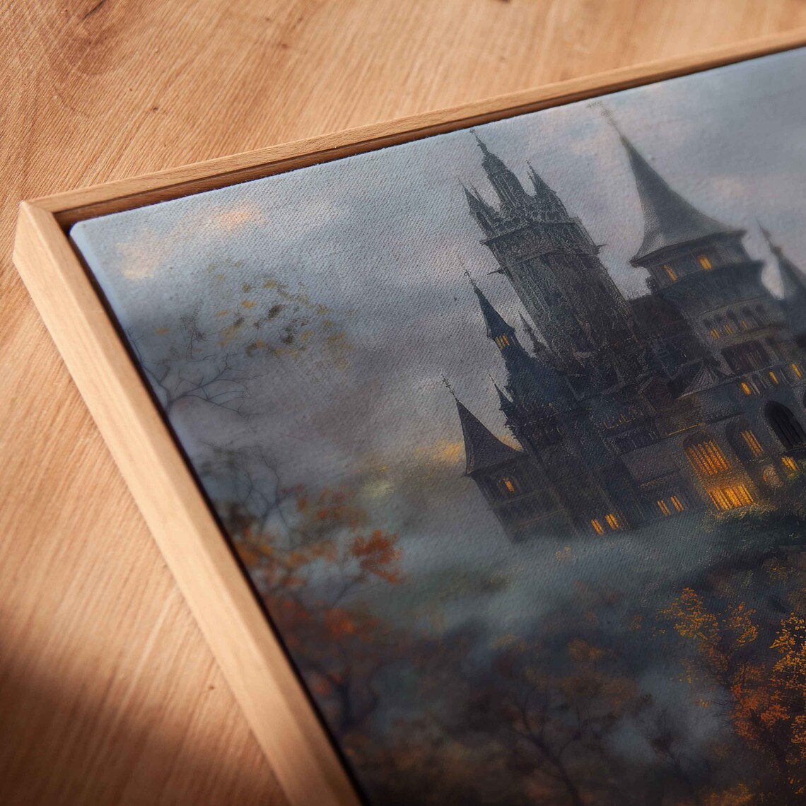 Gothic Castle On Hill With Twisted Trees Bats In Foggy Autumn Night Wall Art - Image 2