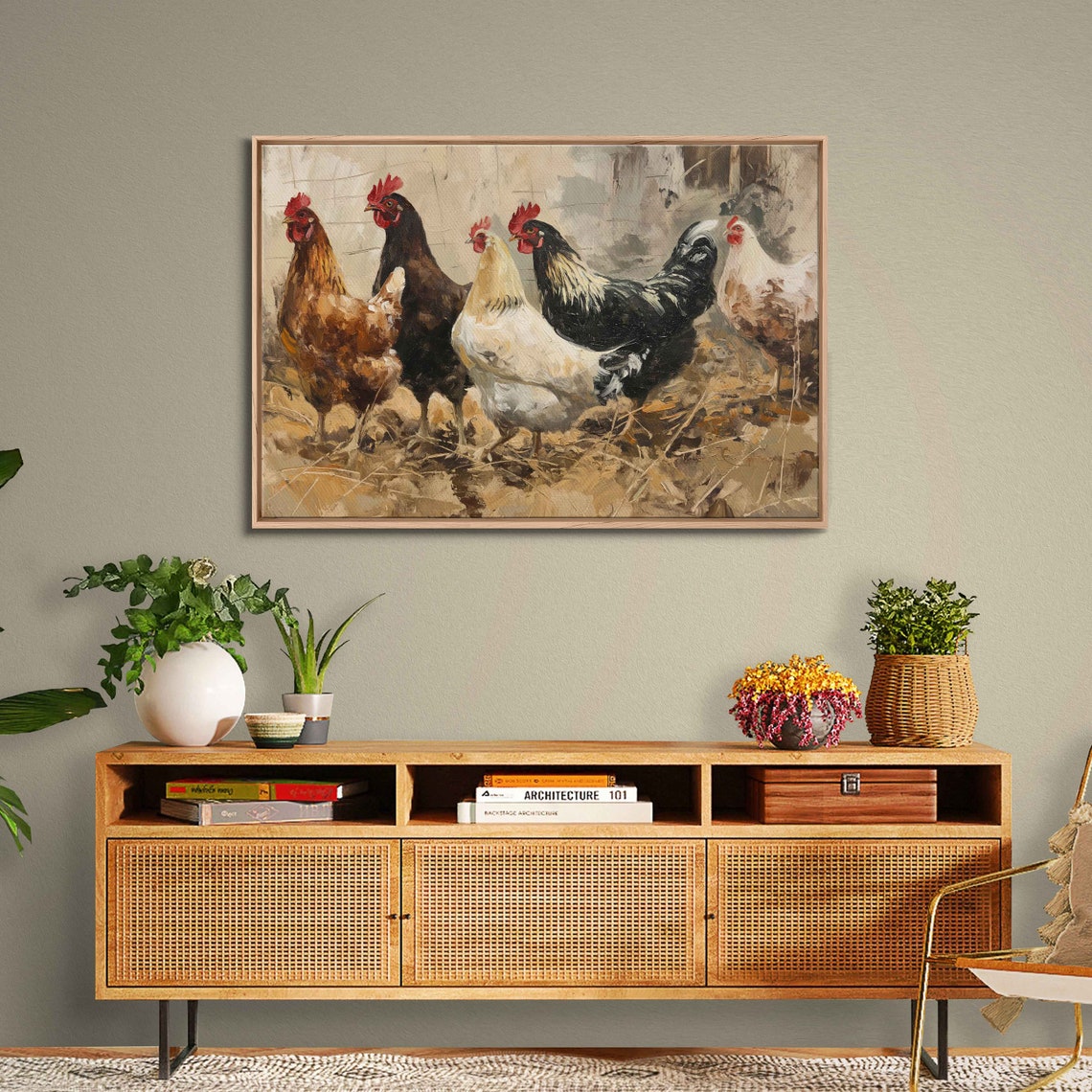 Five Chickens Roosters Close Up Rustic Straw Farm Portrait Painting