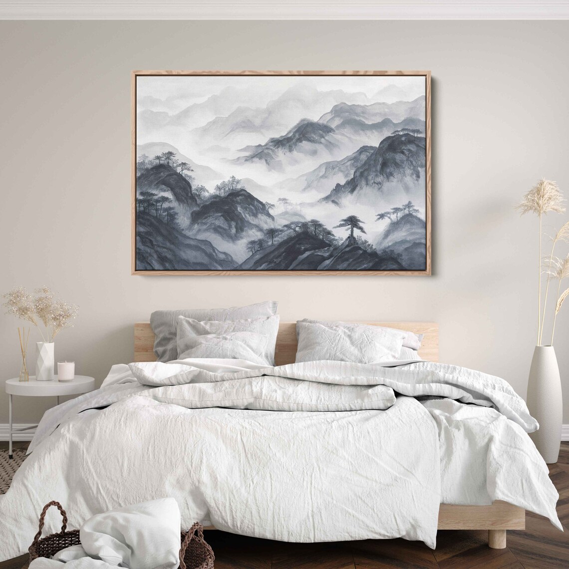 Foggy Mountain Landscape With Trees Painting Framed Print Ready To Hang - Image 3