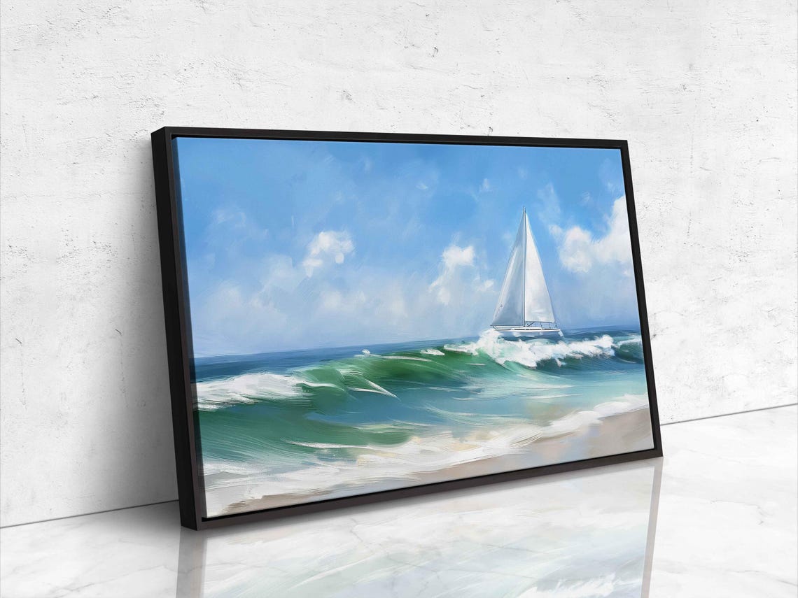 Sailboat Riding Green Ocean Waves Dynamic Seascape Wall Poster - Image 4