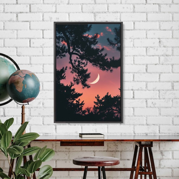 Crescent Moon Pink Sunset Pine Tree Silhouettes Warm Evening Wall Poster