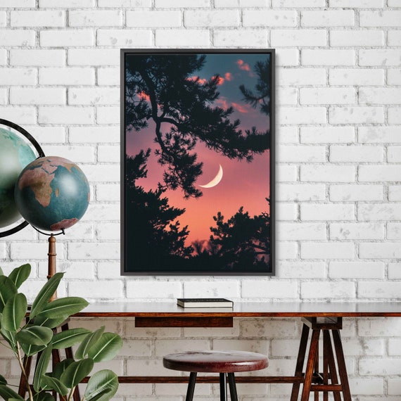 Crescent Moon Shown Through Tree Branches Wall Art Print Vibrant Pink Sky Nature Painting Ready To Hang