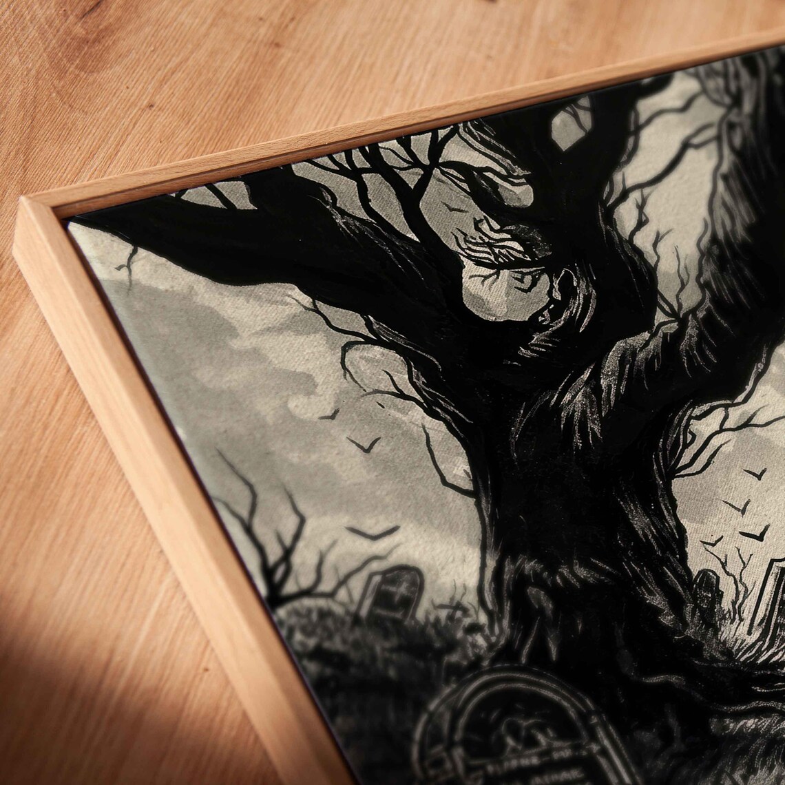 Gothic Graveyard Twisted Trees Foggy Night Ink Art Halloween Wall Poster - Image 2
