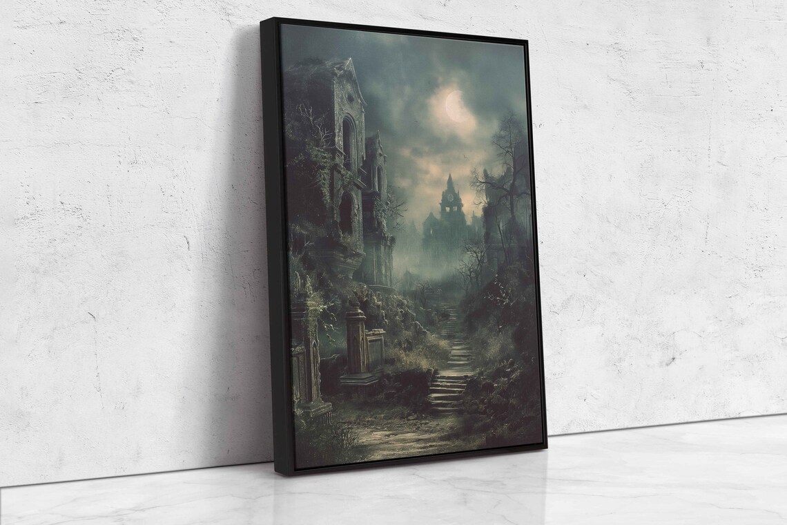 Abandoned Abbey Ruins Stone Staircase Full Moon Foggy Night Wall Art - Image 4