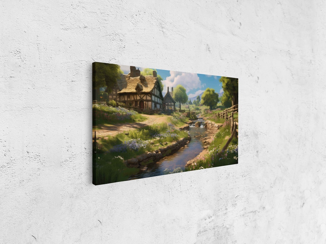 Thatched Stone Cottage by Stream Sunny Countryside Painting Poster - Image 4