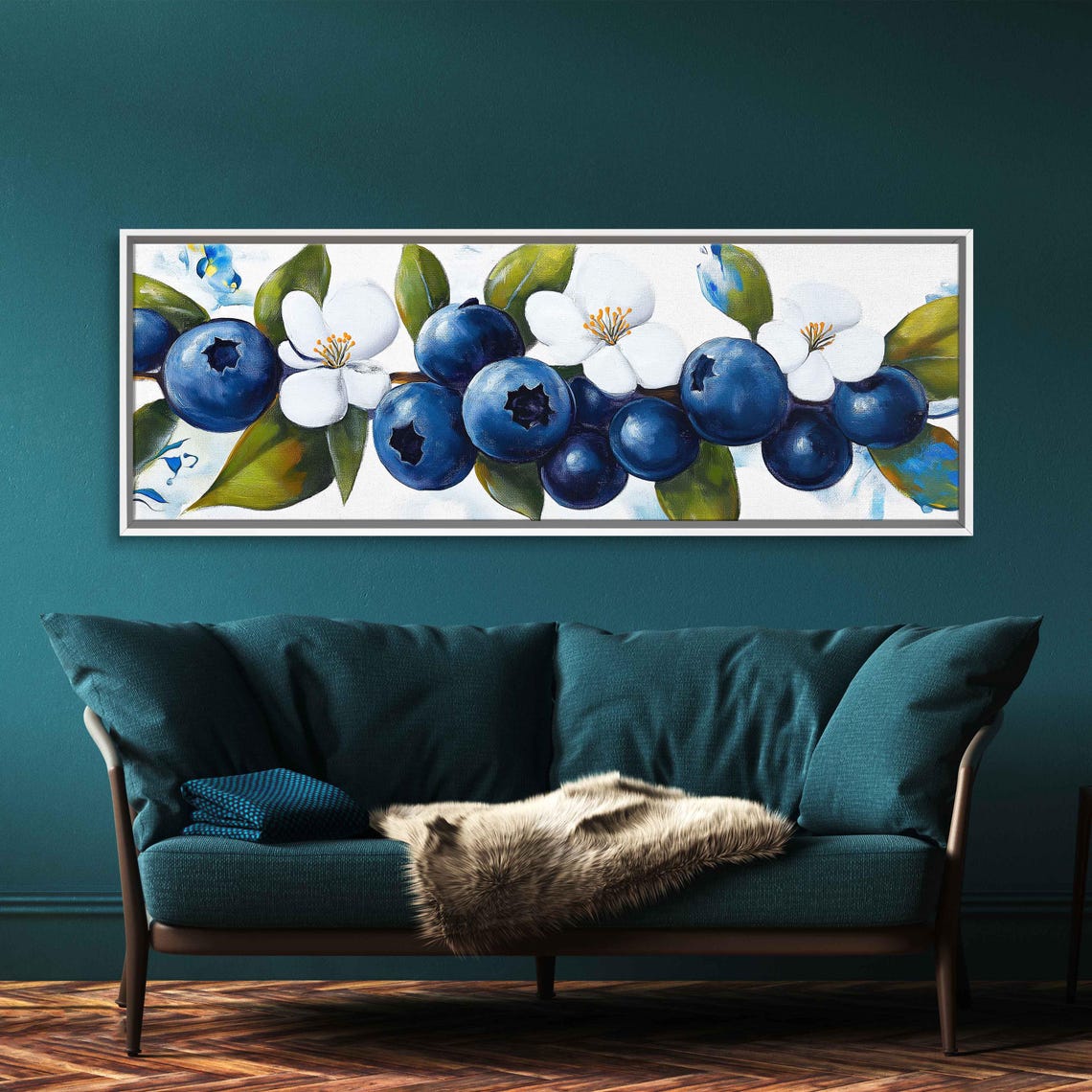 Deep Blue Blueberries And White Blossoms Botanical Art Print