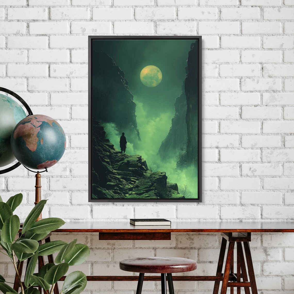 Monk Silhouette On Foggy Cliff Under Full Moon Mystic Art Poster