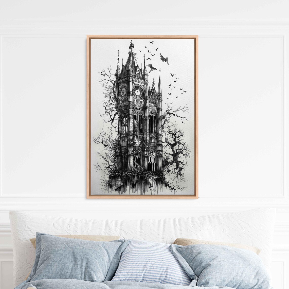 Gothic Clocktower Rising From Tangled Branches Bats Ink Halloween Poster