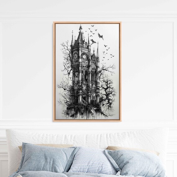 Gothic Clocktower Rising From Tangled Branches Bats Ink Halloween Poster