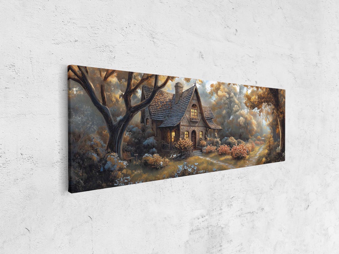 Fairytale Stone Cottage in Golden Autumn Forest Panoramic Poster - Image 4