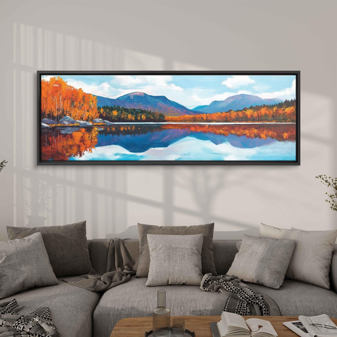 Mountain Range Overlooking Lake, Autumn Scene