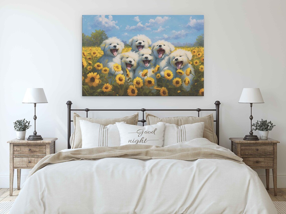 Cheerful White Puppies Among Sunflowers Joyful Dog Painting Poster - Image 3