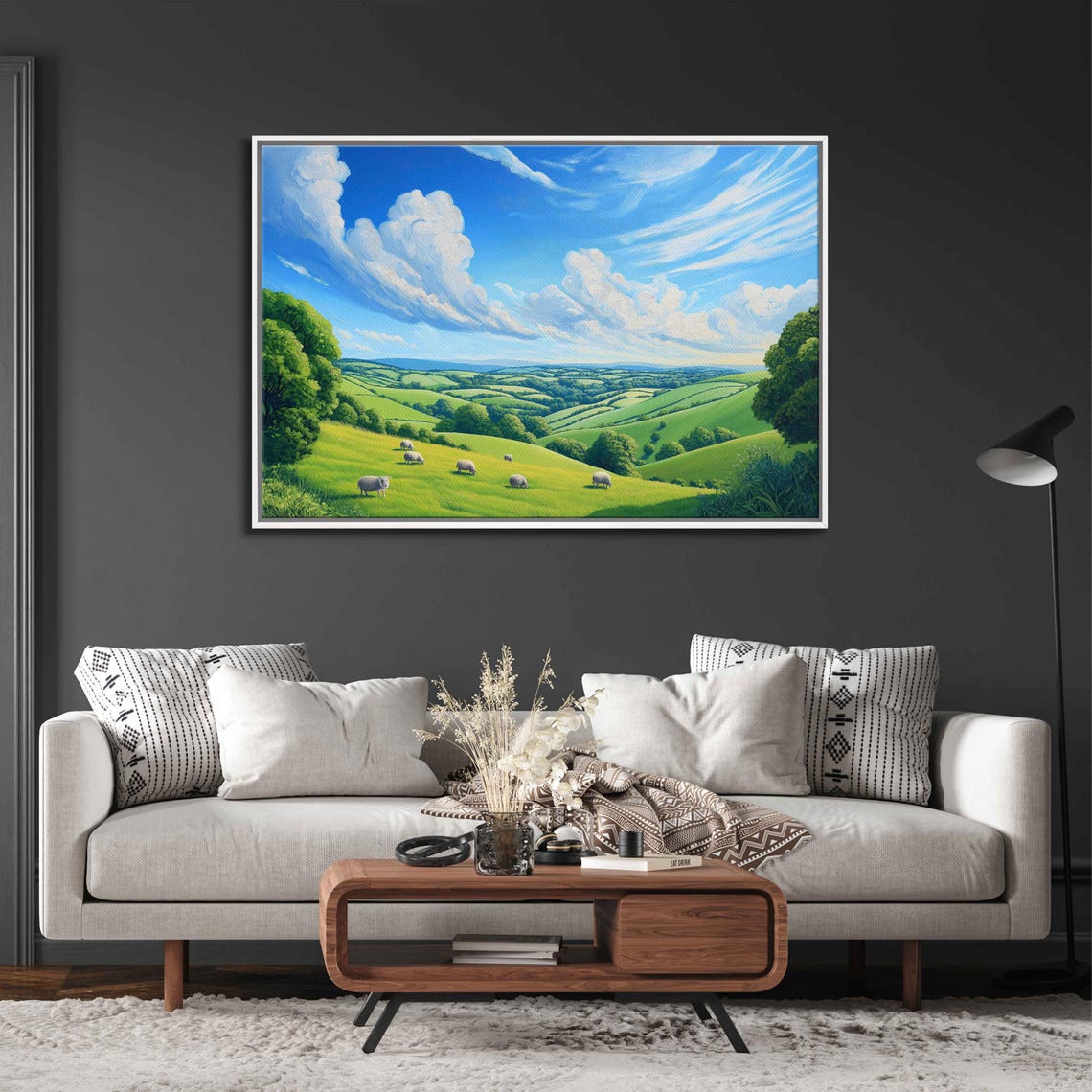 Sheep Grazing In A Lush Green Valley Under Big Clouds Poster - Image 3