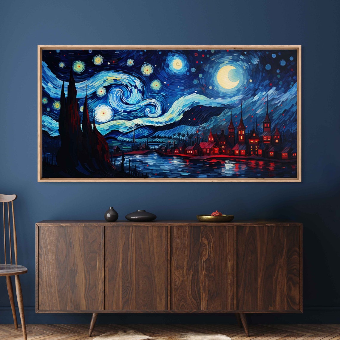 Starry Night Red Coastal Town Swirling Sky Moonlit Water Art Poster - Image 3