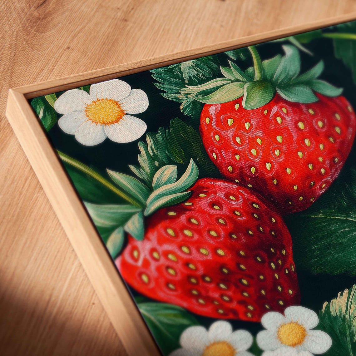 Bold Red Strawberries With Blossoms On Dark Background Painting - Image 2