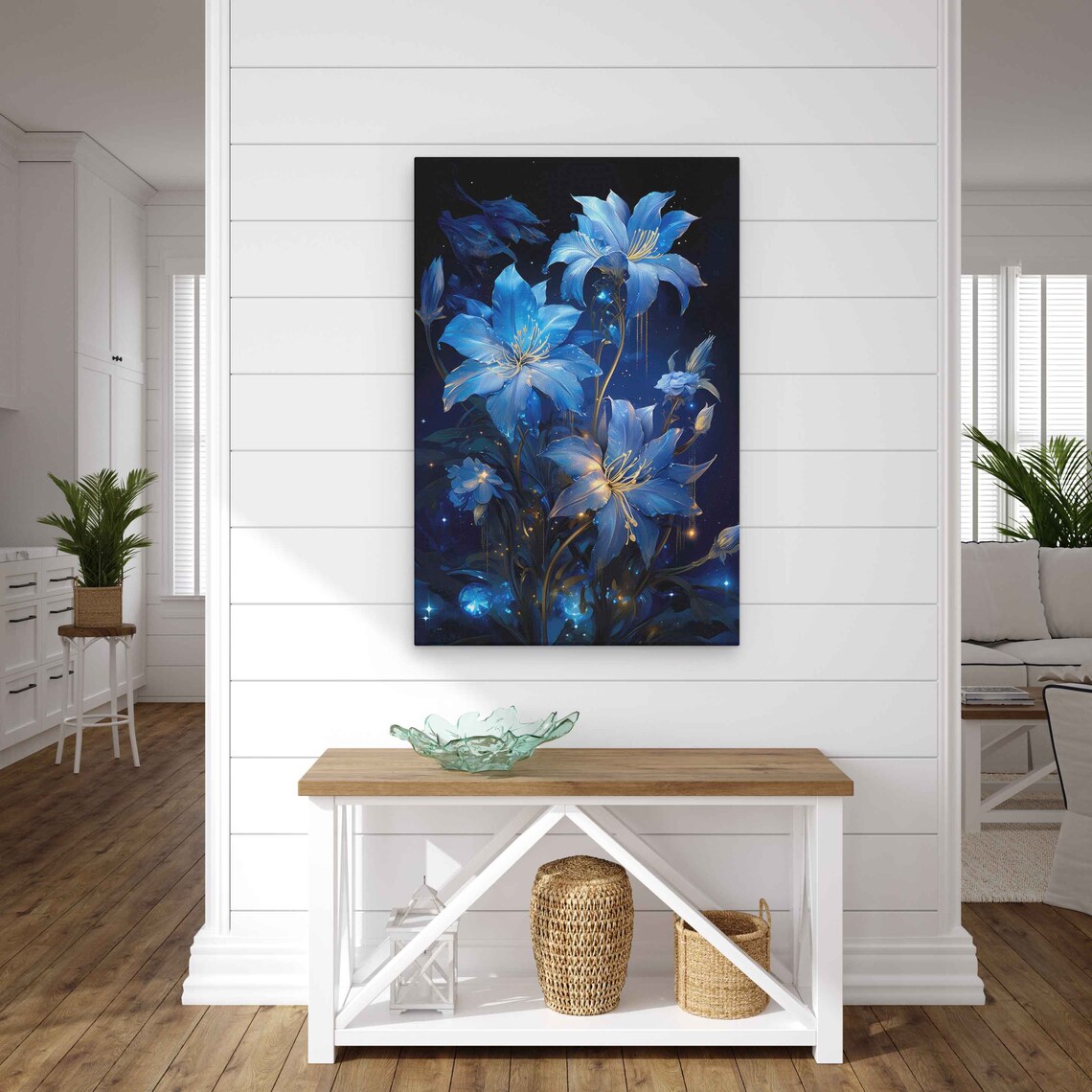 Glowing Blue Flowers Night Garden Fantasy Botanical Wall Art Print - Image 2